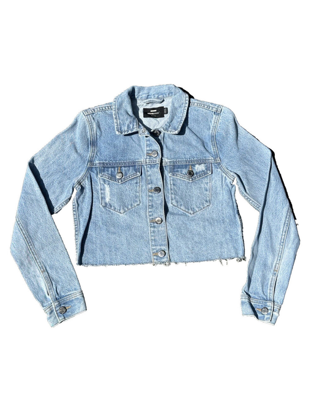 Drdenim Jean Jacket Womens XS Light Wash Blue Denim Raw Hem Cropped Long Sleeve - Picture 2 of 7